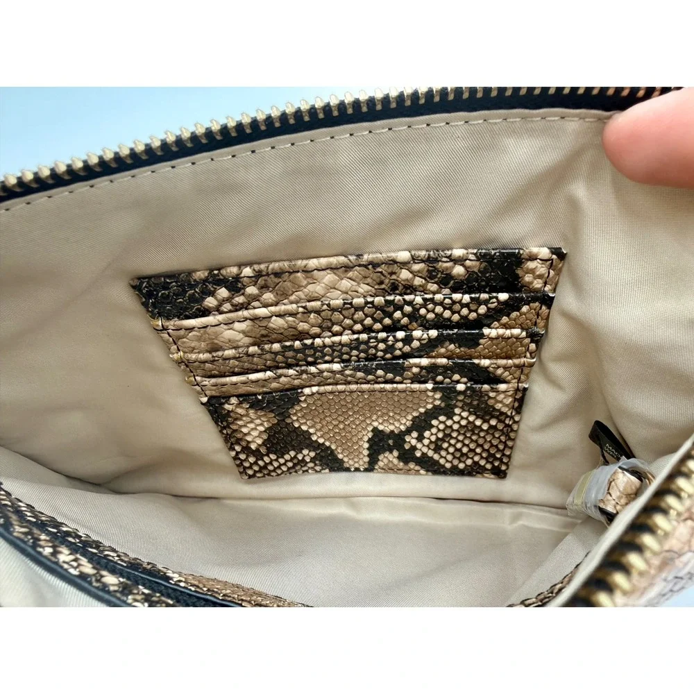 Snakeskin Print Wristlet Clutch Bag Brown Tan Faux Leather Zip Top Card Slots‎